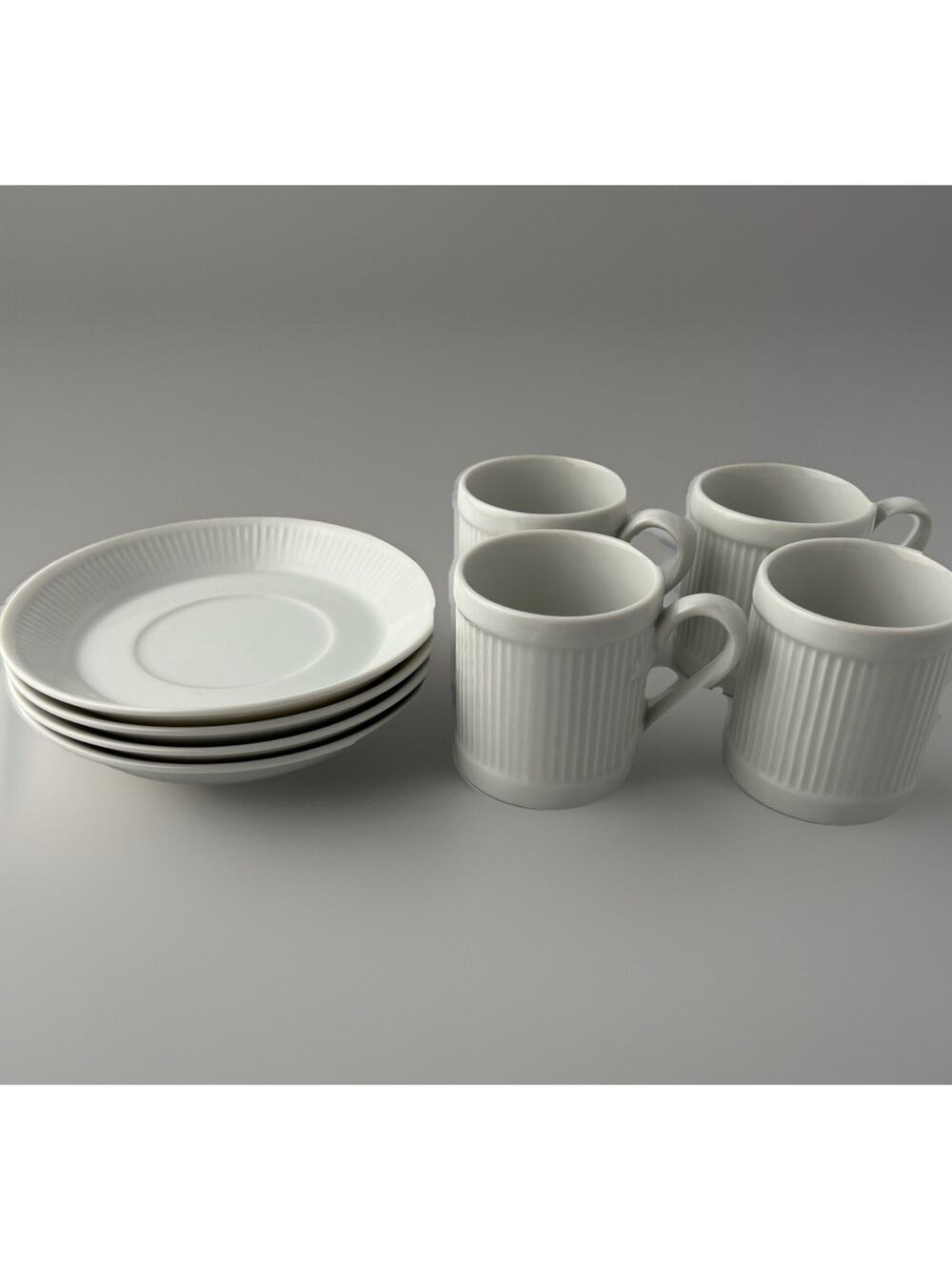 Set of 4 White Ribbed Demitasse Espresso Cups & Saucers Taste Setter Collection